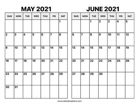 Printable May And June Calendar 2021